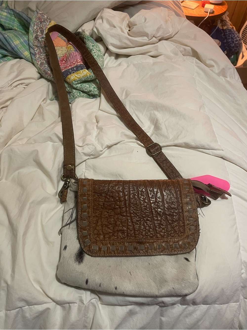 Myra Bag Brown Leather Flap with White Hair-on Hide Crossbody